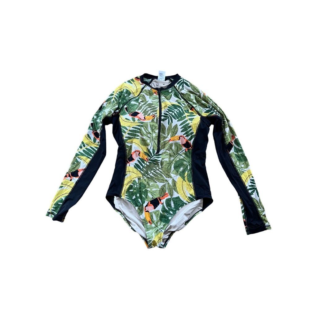 Duluth Trading Co Green Tropical Long-Sleeve Zip Front One-Piece Swimsuit